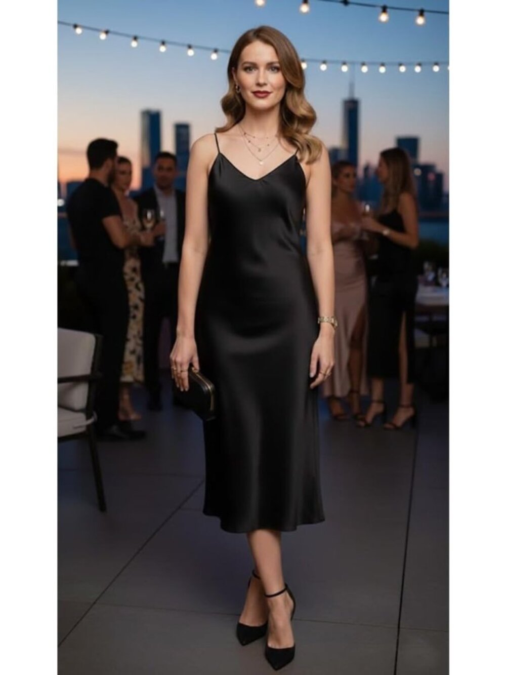 Satin Midi Slip Dress with V-Neck, Spaghetti Straps & Side Slits - Evening - Picture 6 of 6